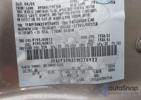 2005 Ford Focus Zx4 from USA, damaged, VIN 1FAFP34NX5W276922